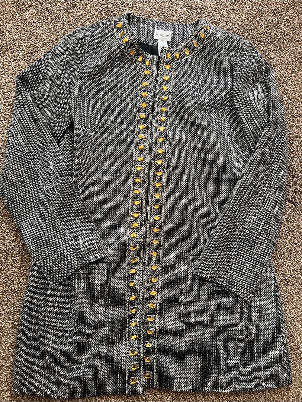 Chico's Black & White Tweed Jacket with Gold Stud Trim